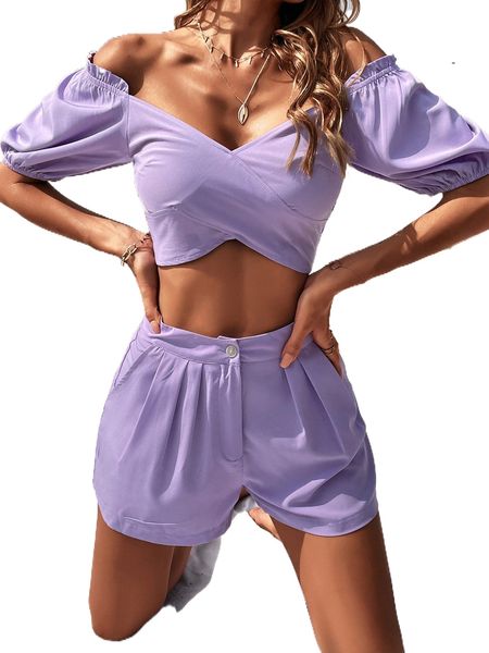 

shirred back frill trim crop & shorts a7oy#, White