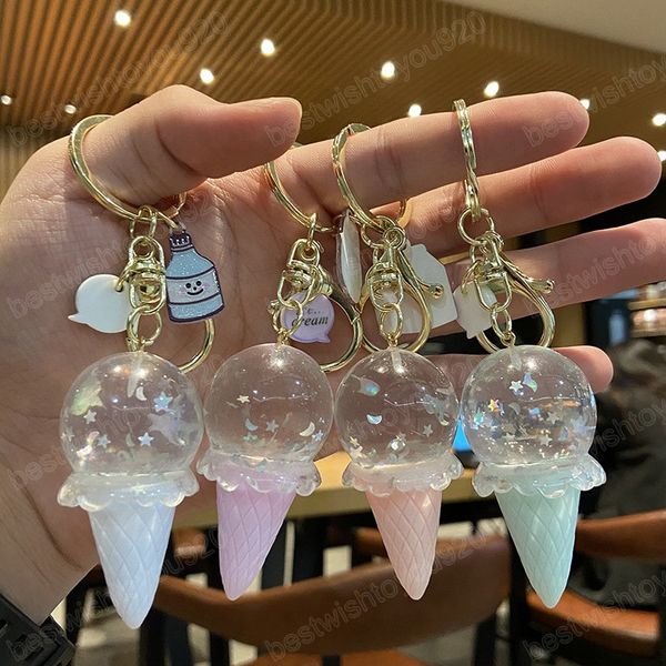 

creative crystal ice cream keychain luxury floating star moon keyring for women bag pendant car keyfob, Silver