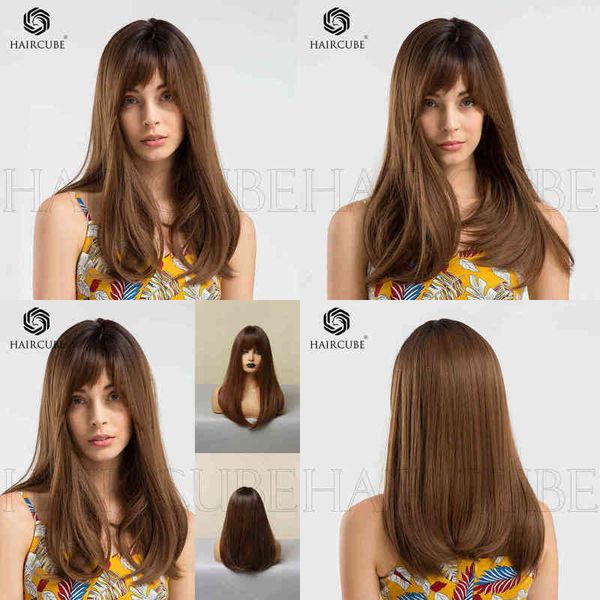 

human hair wig synthetic wigs new wigs women's head dyed black gradient brown slanting bangs high temperature silk material for daily u