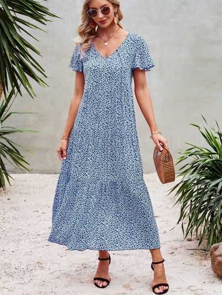 

ditsy floral print butterfly sleeve dress v7kb#, Black;gray