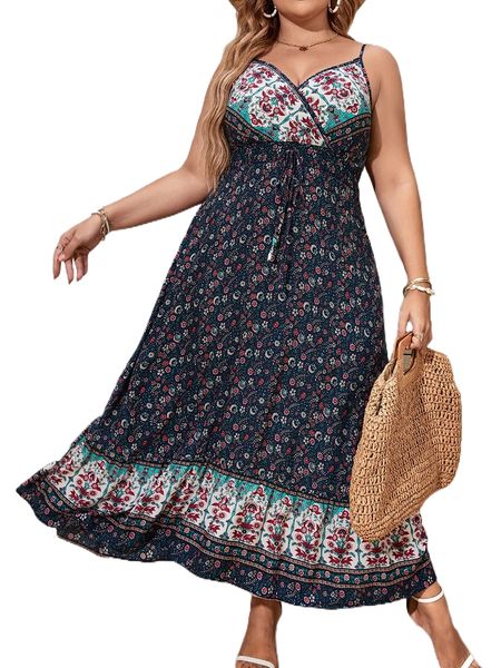 

plus floral print ruffle hem cami dress z6dv#, Black