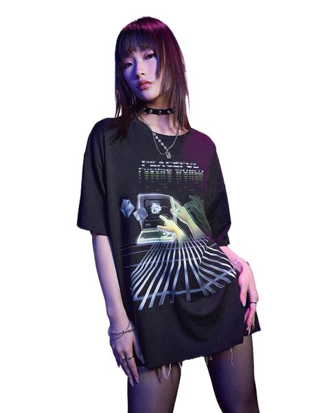 

romwe cyber luvr hand print oversized tee n8tk#, White