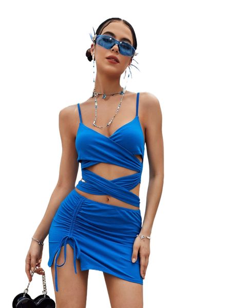 

crisscross tie back cami & drawstring slit hem bodycon skirt m1dh#, White