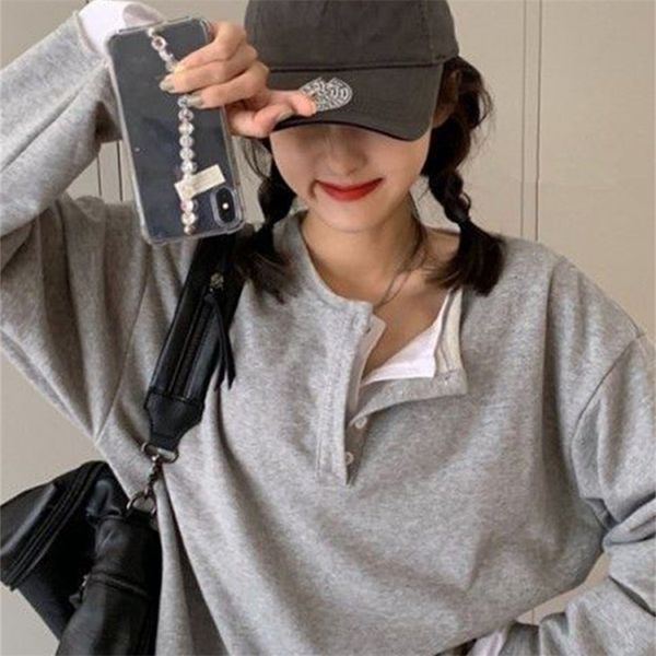 

jielur women fake 2 pieces gray hoodies spring autumn loose chic button japanese style trendy cozy harajuku sweatshirt 220811, Black
