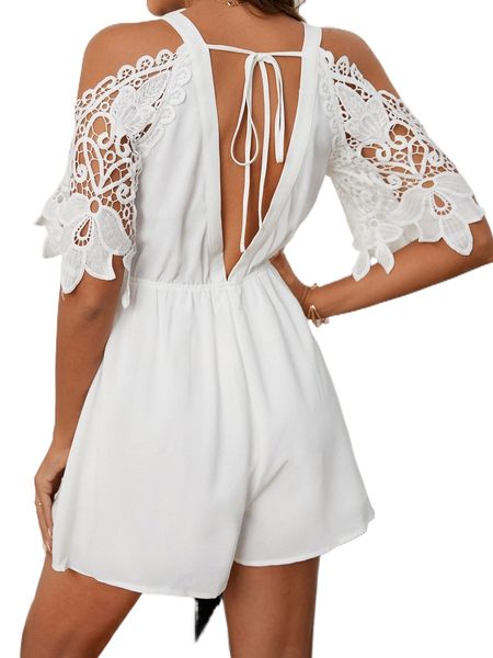 

cold shoulder guipure lace drawstring romper r20m#, Black;white