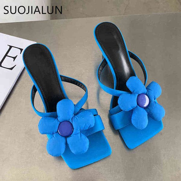 

suojialun 2022 summer fshion big flower women slipper new square toe thin high heel elegant sandal outdoor dress slides pumps 220627, Black