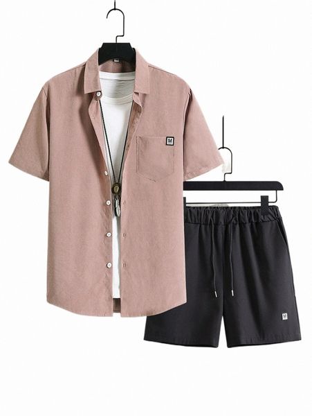 

men patched pocket shirt & drawstring waist shorts without tee h0n5#, Gray