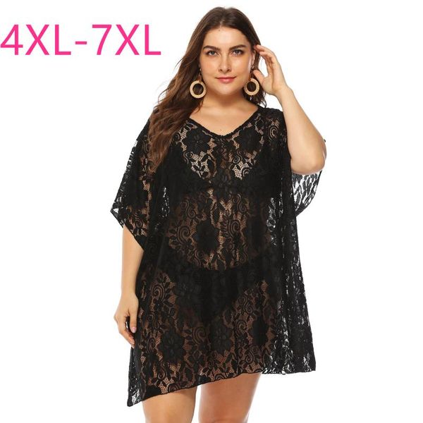 Vestidos de tamanho grande verão para mulheres grandes casuais solteiros transparentes e sexy fino vestido de renda preta 4xl 5xl 6xl 7xlplus