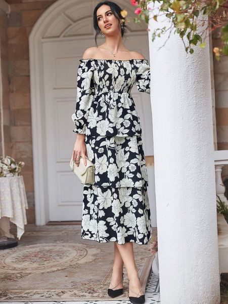 

all over floral print shirred layered hem dress y7zs#, Black;gray