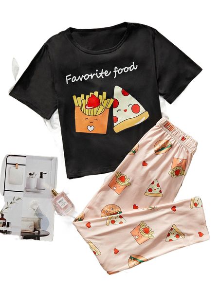 

cartoon graphic tee & pants pj set 75dr#, Black;red