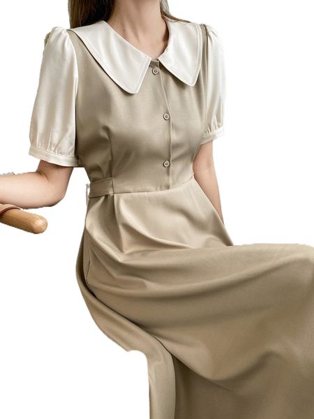 

dazy contrast collar puff sleeve dress h4nh#, Black;gray