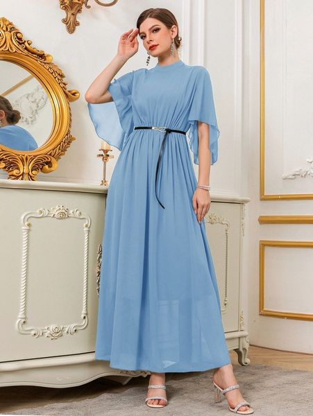 

mock neck butterfly sleeve belted chiffon prom dress v5go#, Black;gray