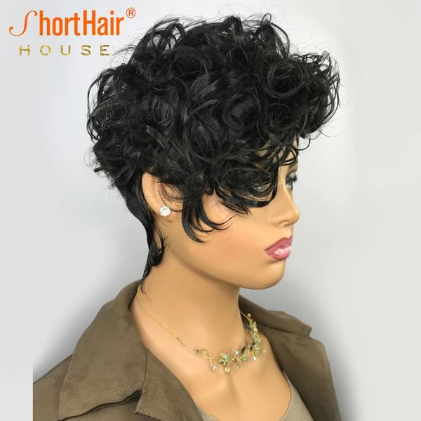 

short curly human hair wigs for girls pixie cut none lace front wig for black women pre plucked full machine made, Black;brown