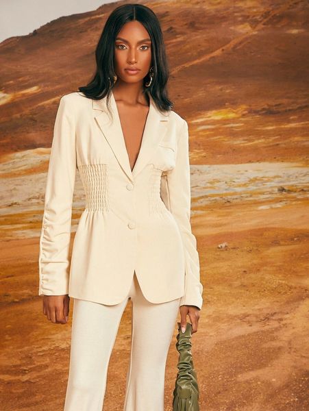 

x penelope ping lapel neck ruched sleeve shirred blazer e0p6#, White