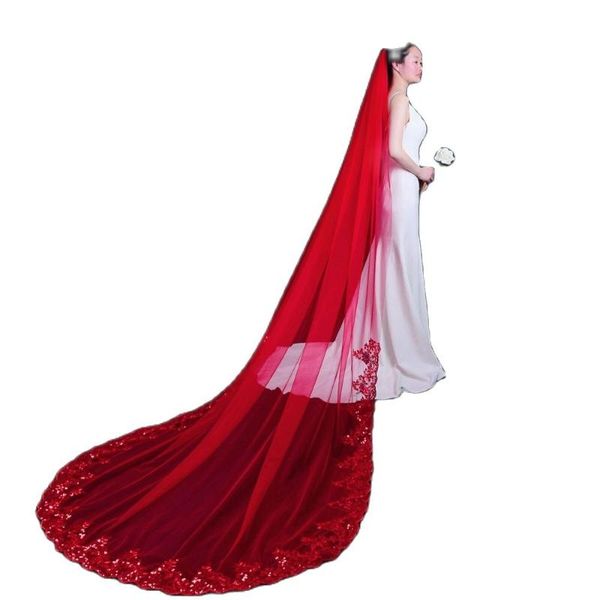 Véias de noiva V86 Véu colorido da noiva Catedral Red Bordado Apliques Apliques Cabelo Hijabbridal Chinês