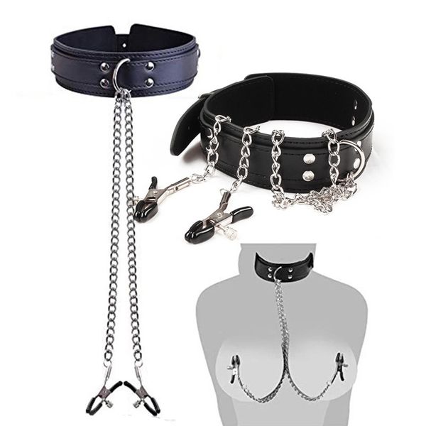 Colar de couro gargantilha com mamilo de mama de mama de metal Chain Chain Casal Casal SM Toys Sex for Tools Sex Tools Fetish 220817