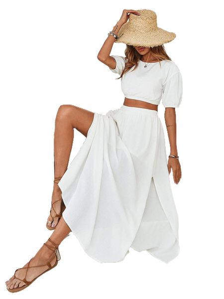 

puff sleeve crop & split thigh skirt y1ur#, White