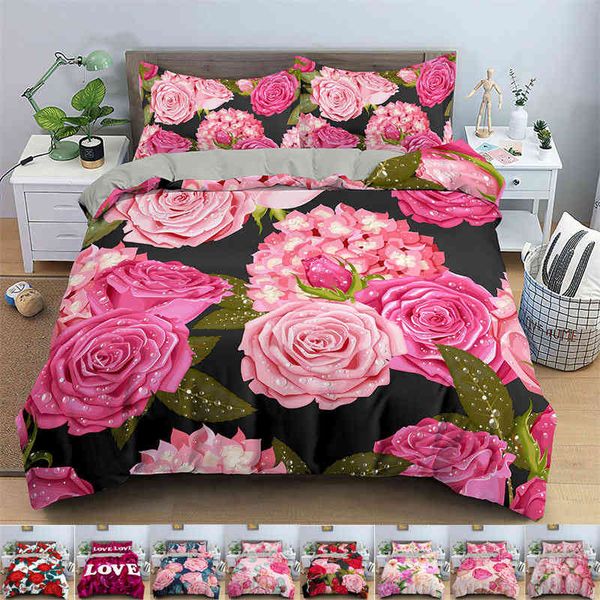 Cover romântico Tampa de edredão de flores Rosa Bedding Floral Conjunto moderno em 3D impressão para meninas Mulheres Casamento Decoração do Dia dos Namorados