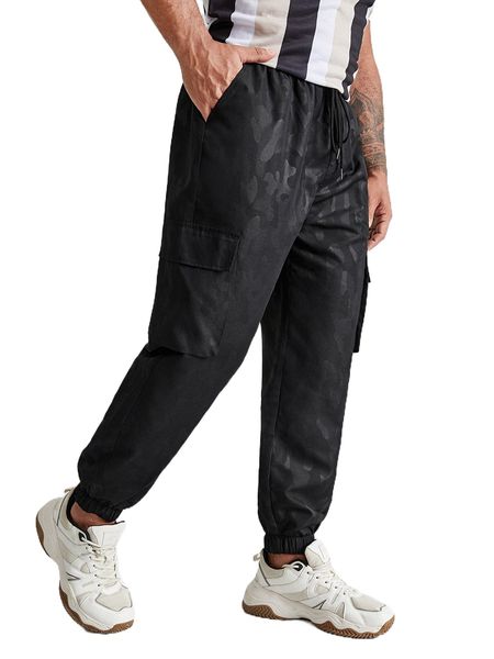 

extended sizes men jacquard flap pocket drawstring cargoÂ pants u96w#, Black