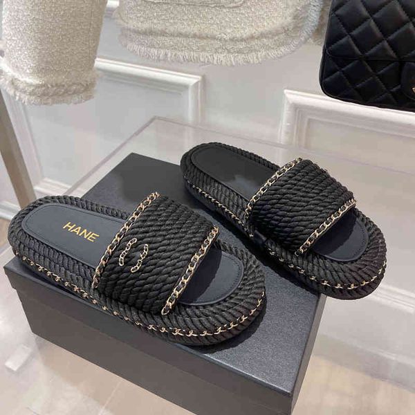 

slippers xiaoxiang chain thick bottom slippers women wear flat and hemp rope home, Black