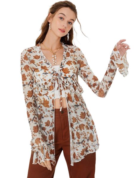 

mod floral print knot front ruffle trim flounce sleeve k7cr#, White