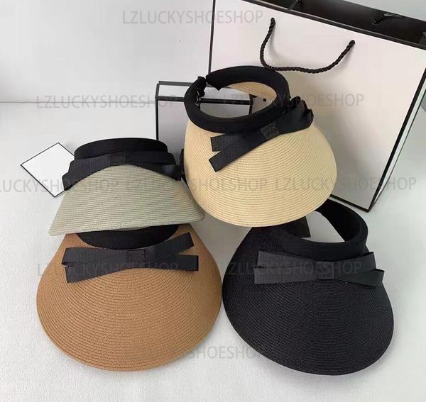 

highly quality straw visors hat cap breathable woman summer designer luxury bowknot weave outdoor sandbeach fashion sunbonnet 4 color, Blue;gray