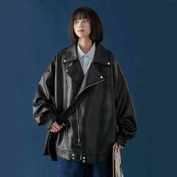 

korean loose black faux pu leather jacket women lapel long sleeve female biker jacket casual streetwear fashion spring autumn l220728