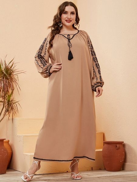 

plus embroidery tassel tie lantern sleeve dress 567h#, Black