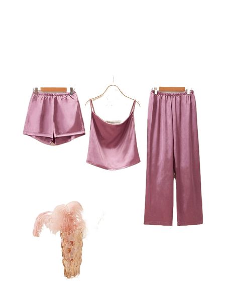 

3pcs solid satin pj set f7o5#, Black;red