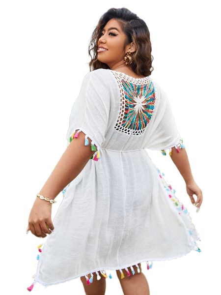 

plus tassel crochet cover up w7dc#, Black