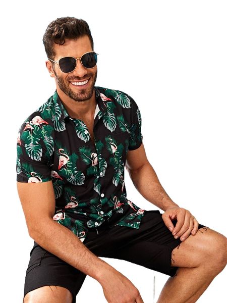 

men tropical & flamingo print shirt h1lo#, White;black