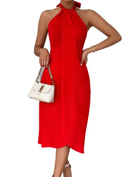 

solid tie backless halter dress 57ob#, Black;gray