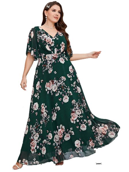 

plus floral print butterfly sleeve chiffon maxi bridesmaid dress b71r#, Black