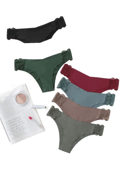 

7pack contrast lace no show panty x7tw#, Black;red