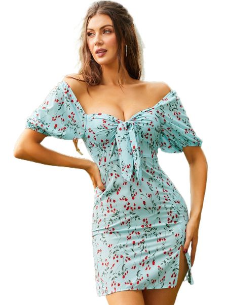 

sbetro ditsy floral knot front split thigh sweetheart neck dress 78kh#, Black;gray