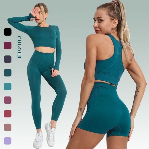 

seamless sports suit solid yoga set for women workout clothes fitness wear long sleeve crop high waist leggings gym clothing 220317, Gray