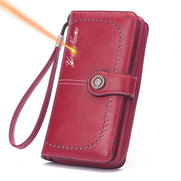 

2022 new long women wallets name engraved phone holder zipper coin pocket female wallet pu leather card holder kpop women purse, Red;black