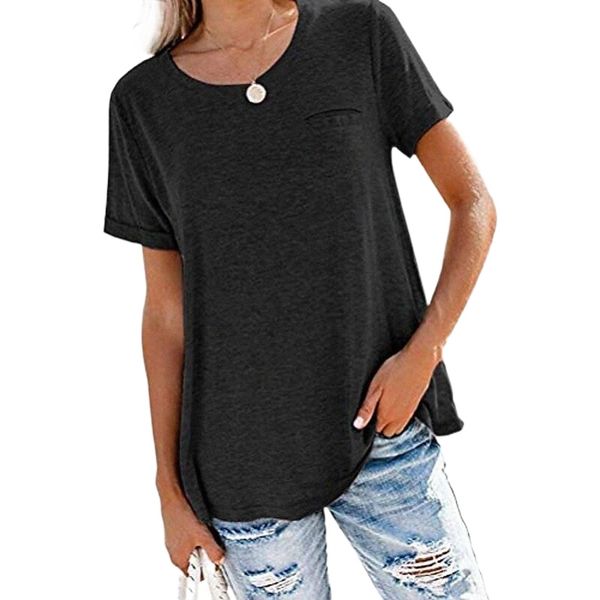 

aaearefu women casual short sleeve round neck t-shirt summer fashion solid color cotton tee with pocket black s1fw#, White