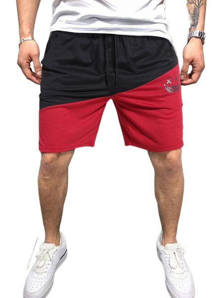 

men expression print colorblock drawstring waist shorts 19ue#, White;black
