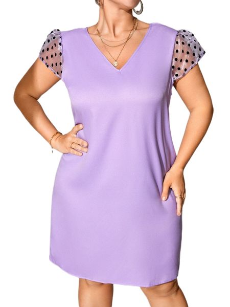 

plus contrast dobby mesh puff sleeve dress w9tj#, Black