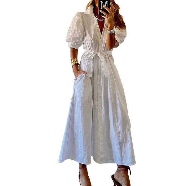 

women casual dresses 2022 new elegant vintage half sleeve belted tunic lace up solid color fashion casual maxi long shirt dress, Black;gray
