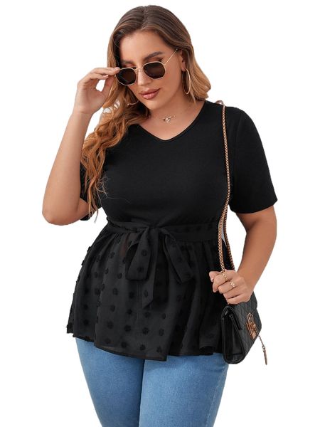 

plus swiss dot peplum hem belted tee e4x8#, Black