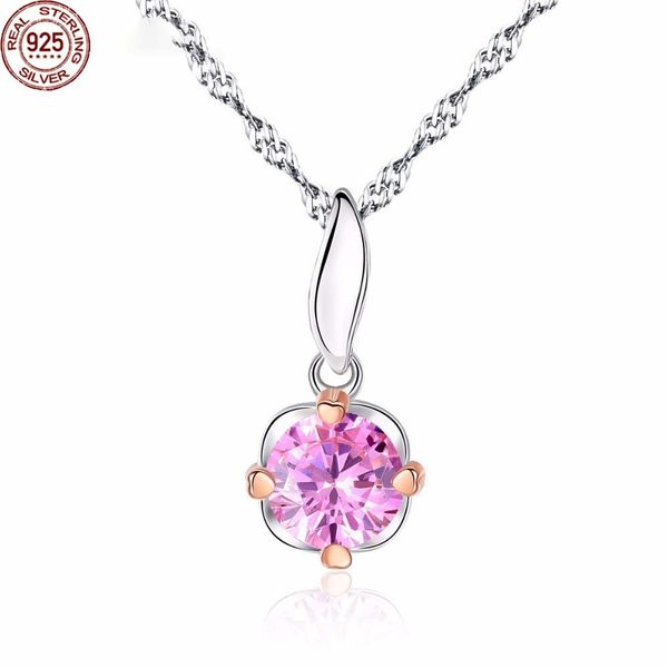 

simple flowers style romantic pink zircon stone shiny women 925 silver two-color gold pendant necklace water wave chain