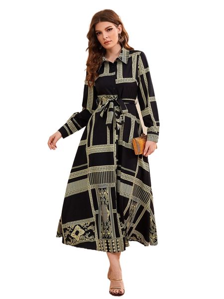 

baroque & geo print belted shirt dress u9jc#, Black;gray