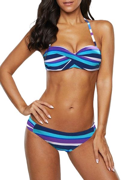

women striped push up bikini halter two piece swimsuit l6mi#, White;black