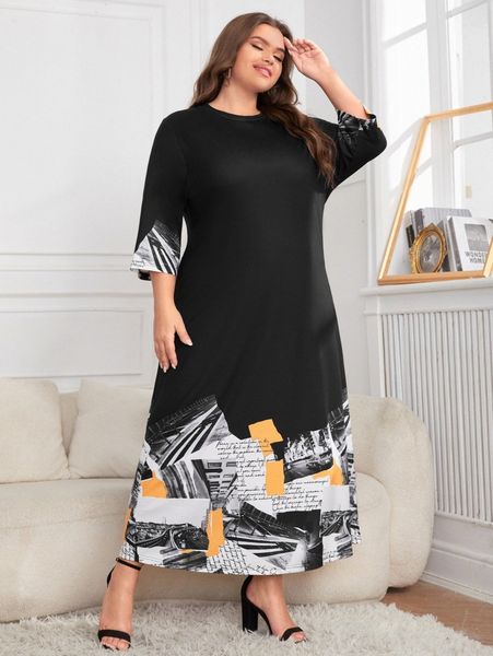 

plus car & slogan graphic tee dress 87gj#, Black