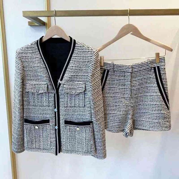 

women's jackets m family spring and summer french small fragrance v-neck contrast tweed woven short coat, Black;brown