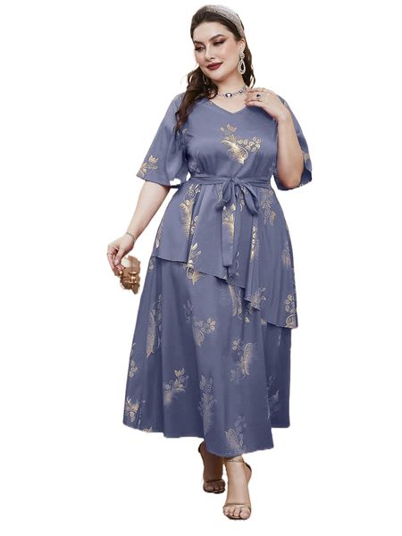 

plus feather print flutter sleeve belted dress d1bf#, Black