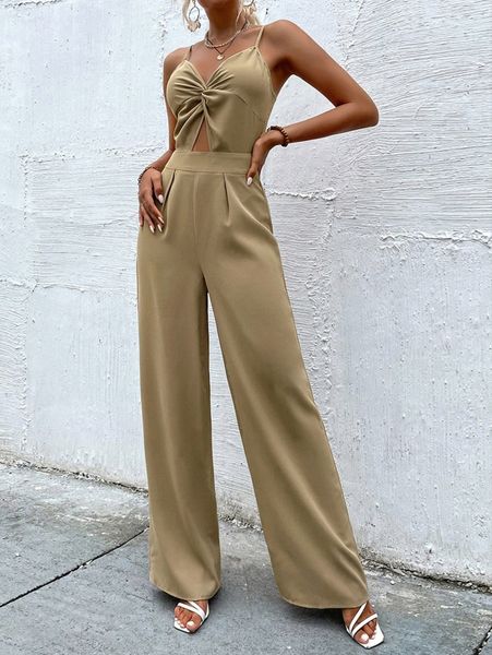 

twist front cut out tie backless cami jumpsuit b4pa#, Black;white