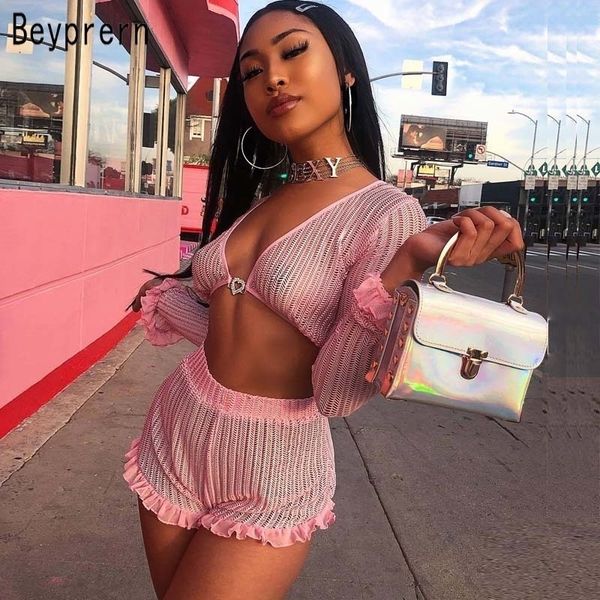 

beyprern cute ruffled mesh trim pink shorts set two piece women boho chiffon crop and high waist booty shorts set streetwear y200110, White